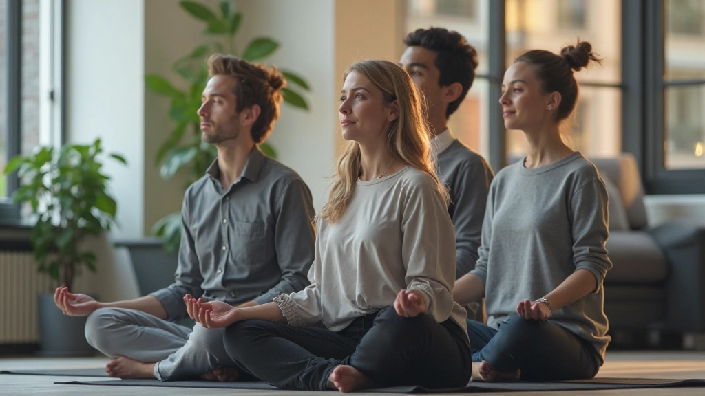 Team-meditatie sessie op kantoor met meerdere werknemers