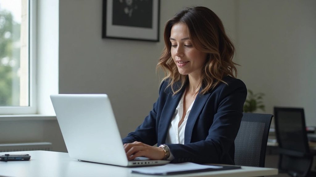 Professionele vrouw die aan laptop werkt in een schoon kantoor met natuurlijk licht