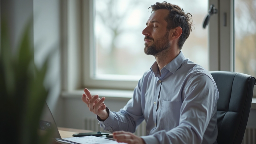 Man die ademt met gesloten ogen in professionele kantooromgeving