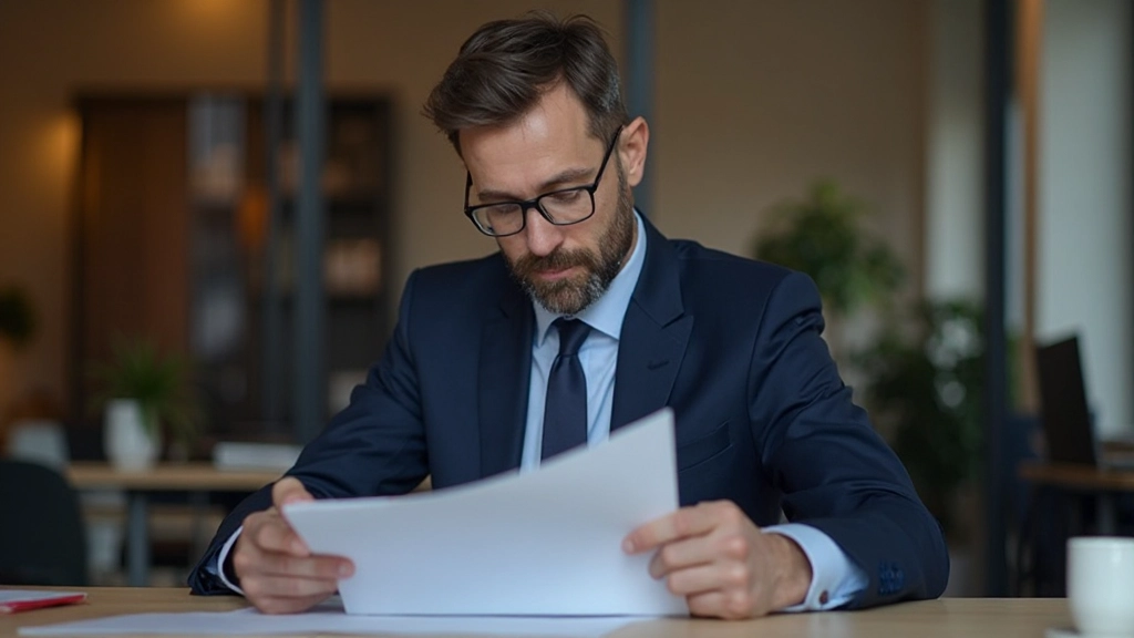 Man in donkerblauw pak aan kantoor bureau met documenten en kopje koffie