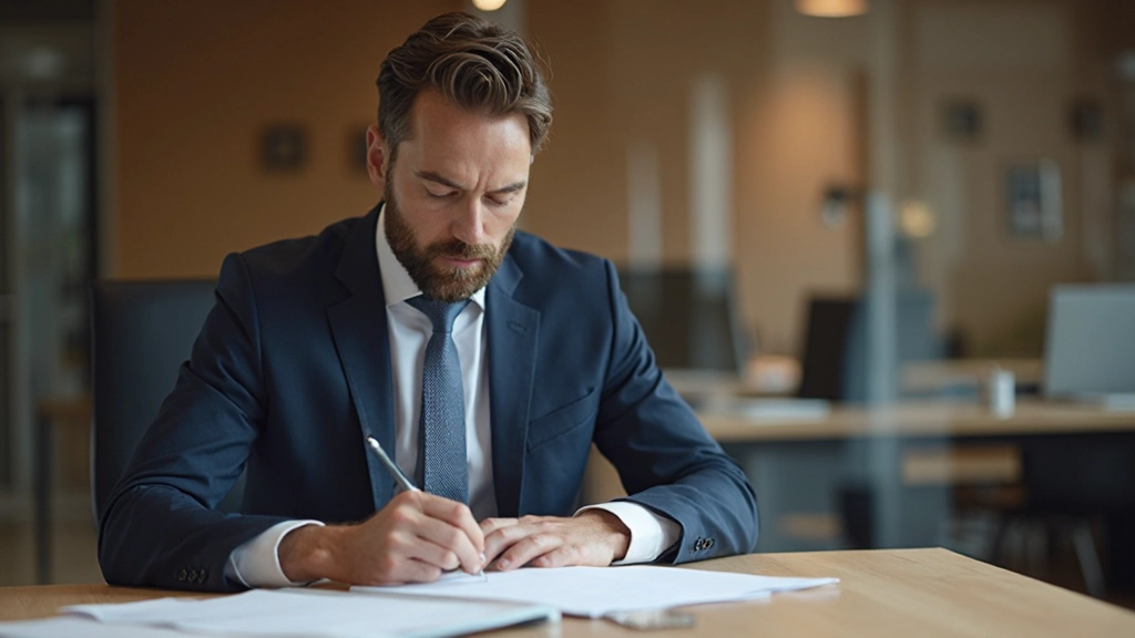 Man in donkerblauw pak aan kantoor bureau met documenten en kopje koffie
