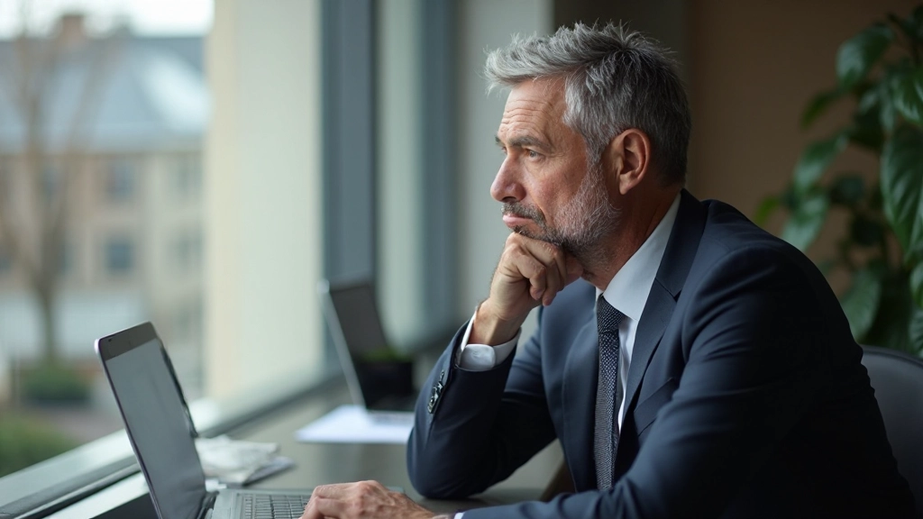 Professionele foto van een man die op een raam kijkt en nadenkt, zakelijke kleding, modern kantoor, rustige sfeer, daglichting, wazig achtergrond, GEEN tekst, GEEN watermerken