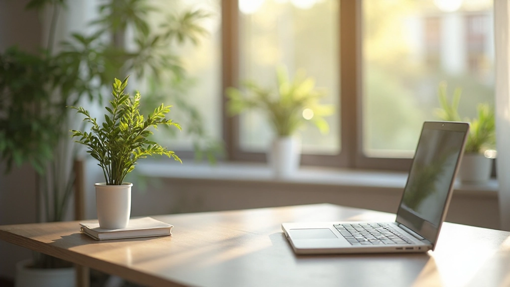 Rustige werkplek met groen plant en minimale afleiding