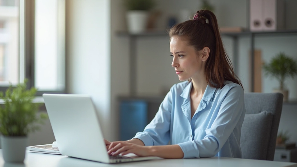 Professionele vrouw die aan laptop werkt in een schoon kantoor met natuurlijk licht