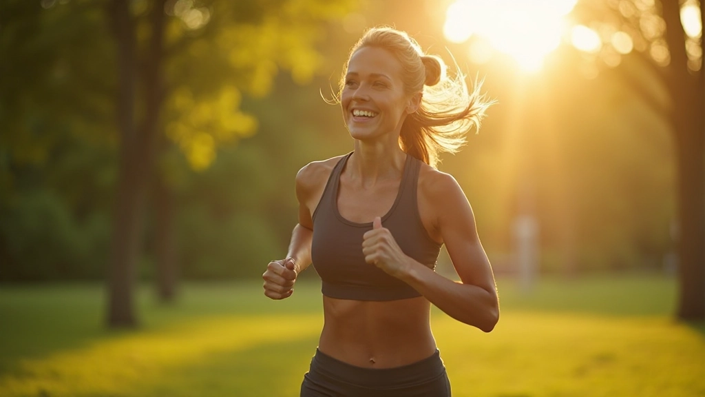 Professionele foto van een vrouw die buiten joggt in het ochtendlicht, atletische kleding, park setting, helder weer, wazig achtergrond, GEEN tekst, GEEN watermerken