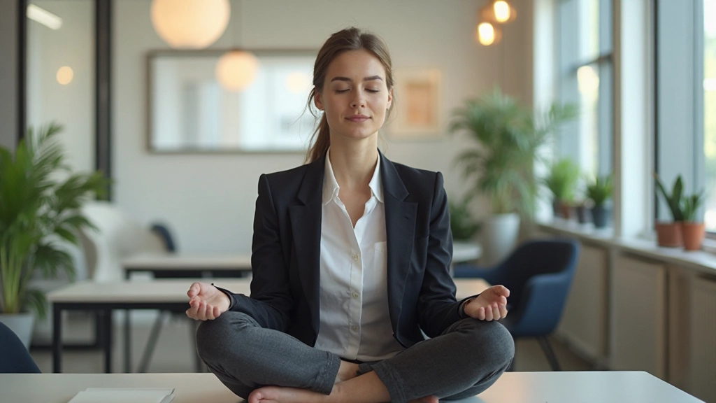 Vrouw die mindfulness oefent op kantoor met vredige uitdrukking
