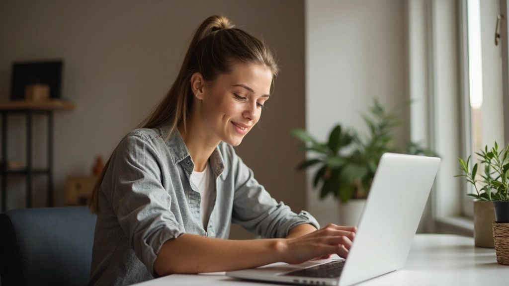 Professionele foto van een vrouw die haar laptop sluit aan het einde van de werkdag, ontspannen houding, thuiskantoor, warme verlichting, vrijheid en rust uitdrukking, wazig achtergrond, GEEN tekst, GEEN watermerken
